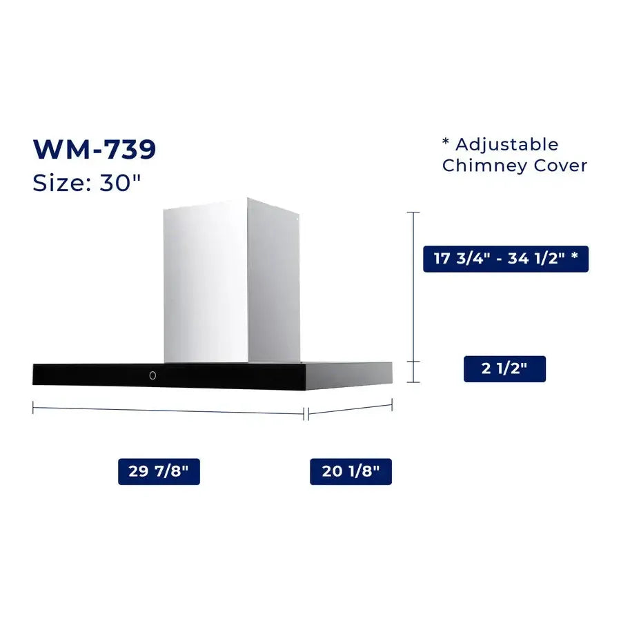 Hauslane Chef Convertible Stainless Steel Wall-Mount Range Hood (WM-739SS) dimensional diagram with measurements for 30-inch size.