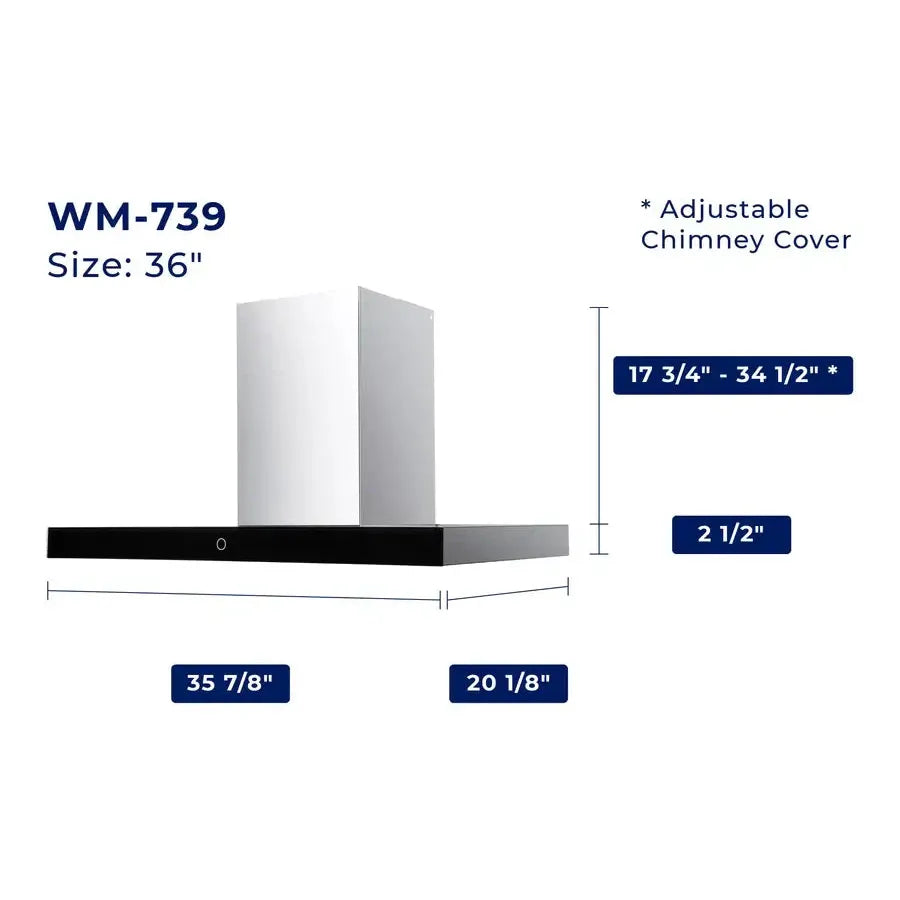 Hauslane Chef Convertible Stainless Steel Wall-Mount Range Hood (WM-739SS) dimensional diagram with measurements for 36-inch size.