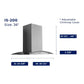 Hauslane Chef Convertible Stainless Steel Island Mount Range Hood (IS-200SS) dimensional diagram with measurements for 36-inch size.