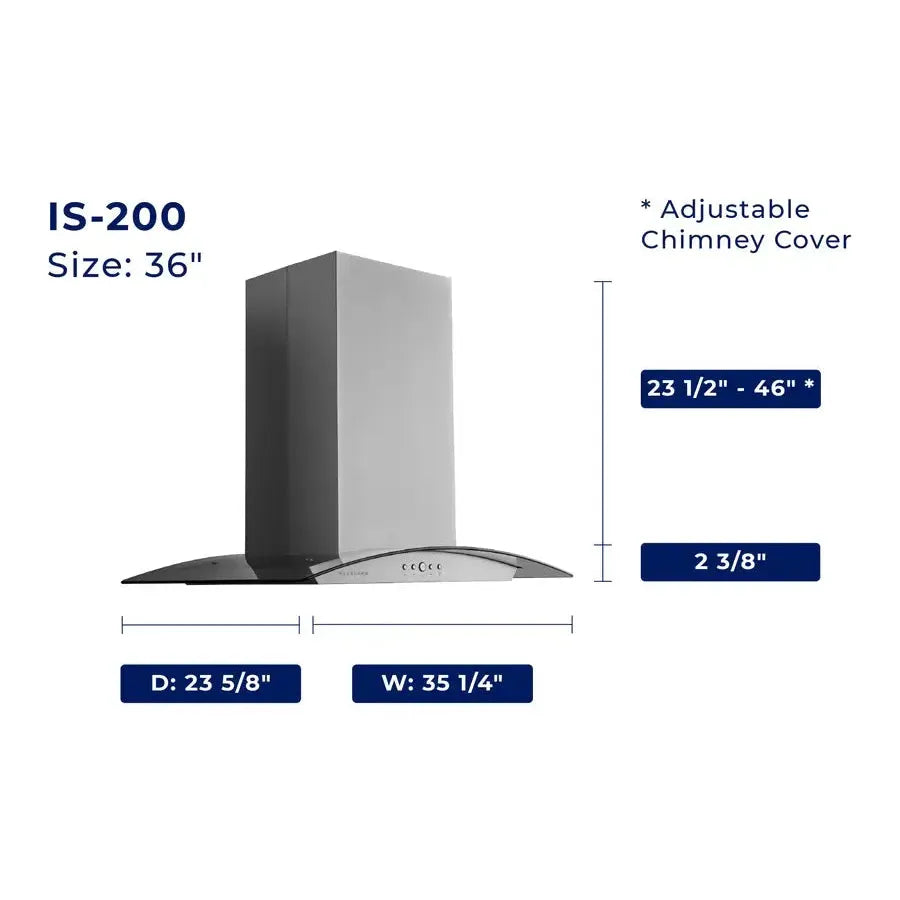 Hauslane Chef Convertible Stainless Steel Island Mount Range Hood (IS-200SS) dimensional diagram with measurements for 36-inch size.