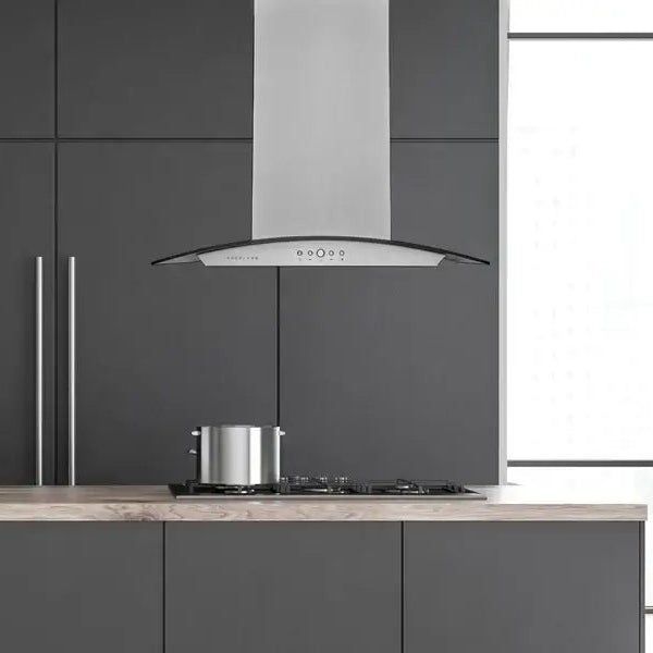 Hauslane Chef Convertible Stainless Steel Island Mount Range Hood (IS-200SS) lifestyle, in a modern kitchen.