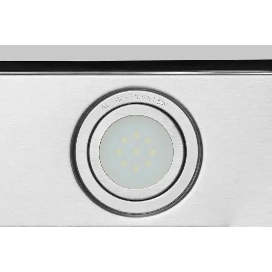 Hauslane Chef Convertible Stainless Steel Wall Mount Range Hood with Size Options (WM-600SS) close-up, LED lighting.