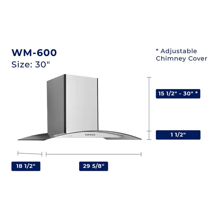 Hauslane Chef Convertible Stainless Steel Wall Mount Range Hood with Size Options (WM-600SS) dimensional diagram with measurements for 30-inch size.