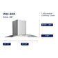 Hauslane Chef Convertible Stainless Steel Wall Mount Range Hood with Size Options (WM-600SS) dimensional diagram with measurements for 36-inch size.