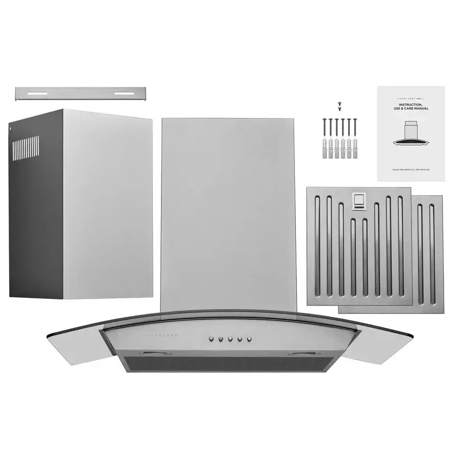 Hauslane Chef Convertible Stainless Steel Wall Mount Range Hood (WM-630SS) with included parts and hardware.