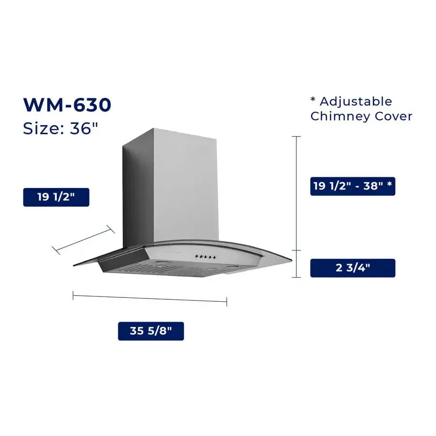 Hauslane Chef Convertible Stainless Steel Wall Mount Range Hood (WM-630SS) dimensional diagram with measurements for 36-inch size.