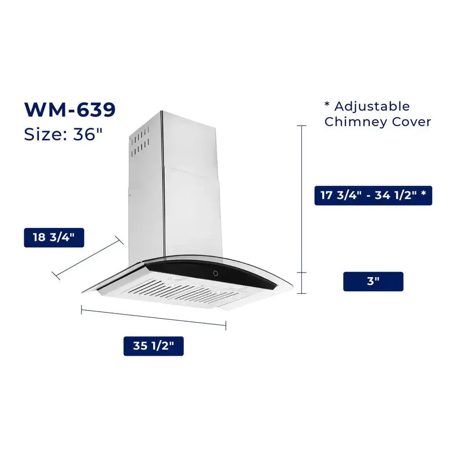 Hauslane Chef Convertible Stainless Steel Wall Mount Range Hood (WM-639SS) dimensional diagram with measurements for 36-inch size.