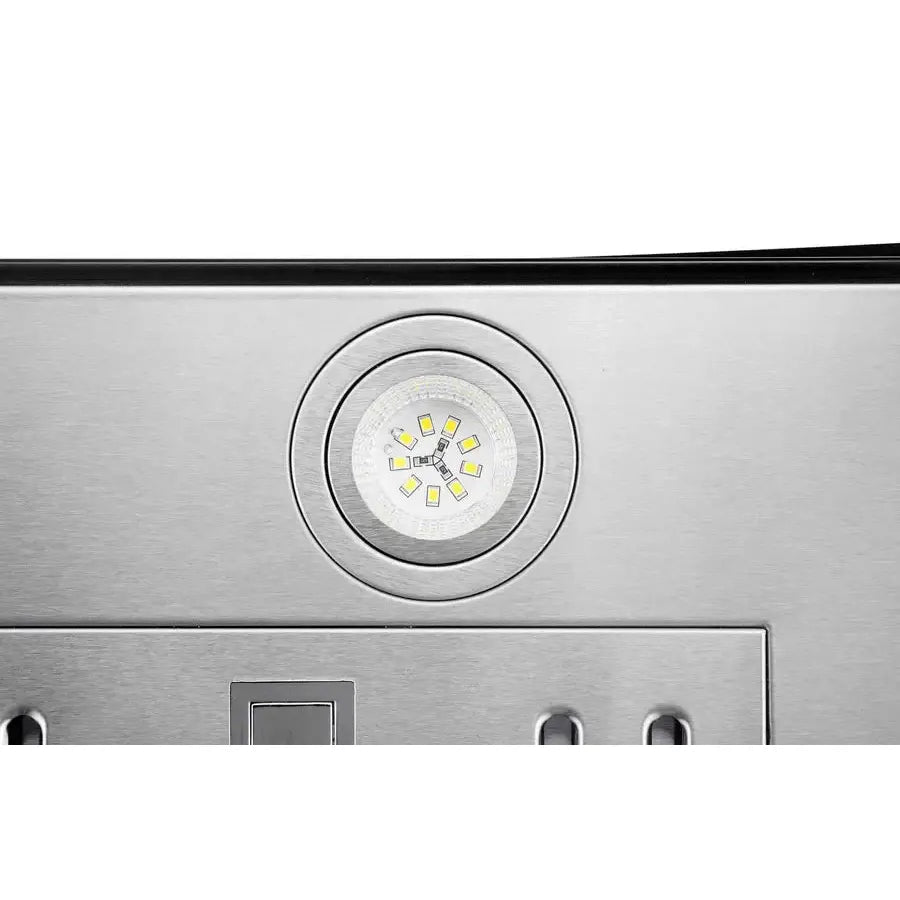 Hauslane Chef Convertible Stainless Steel Wall Mount Range Hood (WM-639SS) close-up, LED lighting.