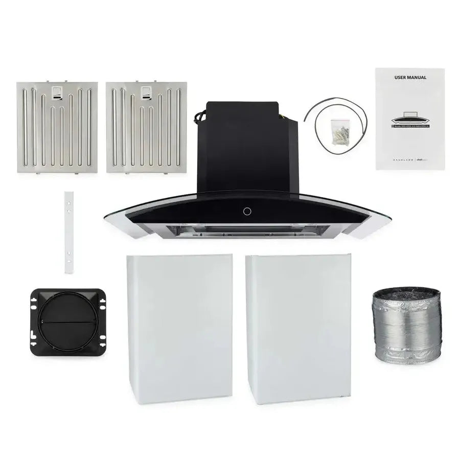 Hauslane Chef Convertible Stainless Steel Wall Mount Range Hood (WM-639SS) with included parts and hardware.