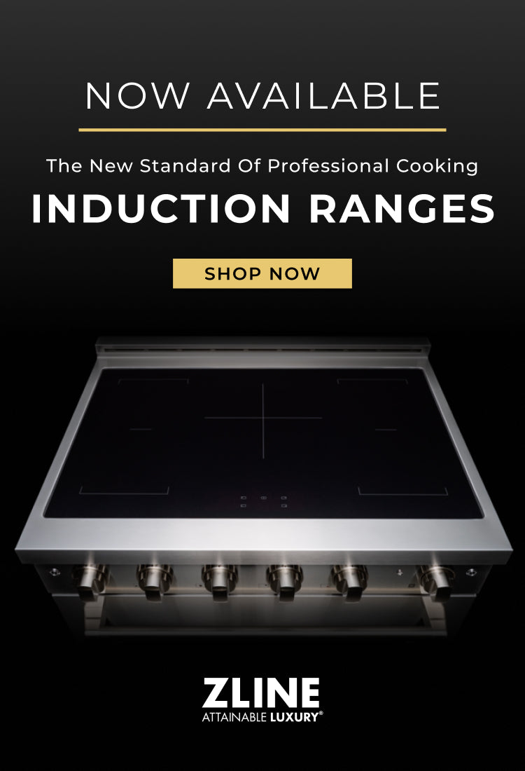 Induction cooktop on a black background. Text: Now available. The New Standard of Professional Cooking Induction Ranges. Button: Shop Now.