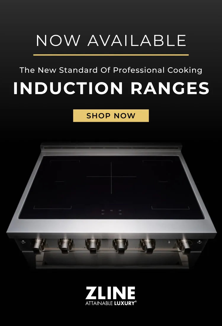 Induction cooktop on a black background. Text: Now available. The New Standard of Professional Cooking Induction Ranges. Button: Shop Now.