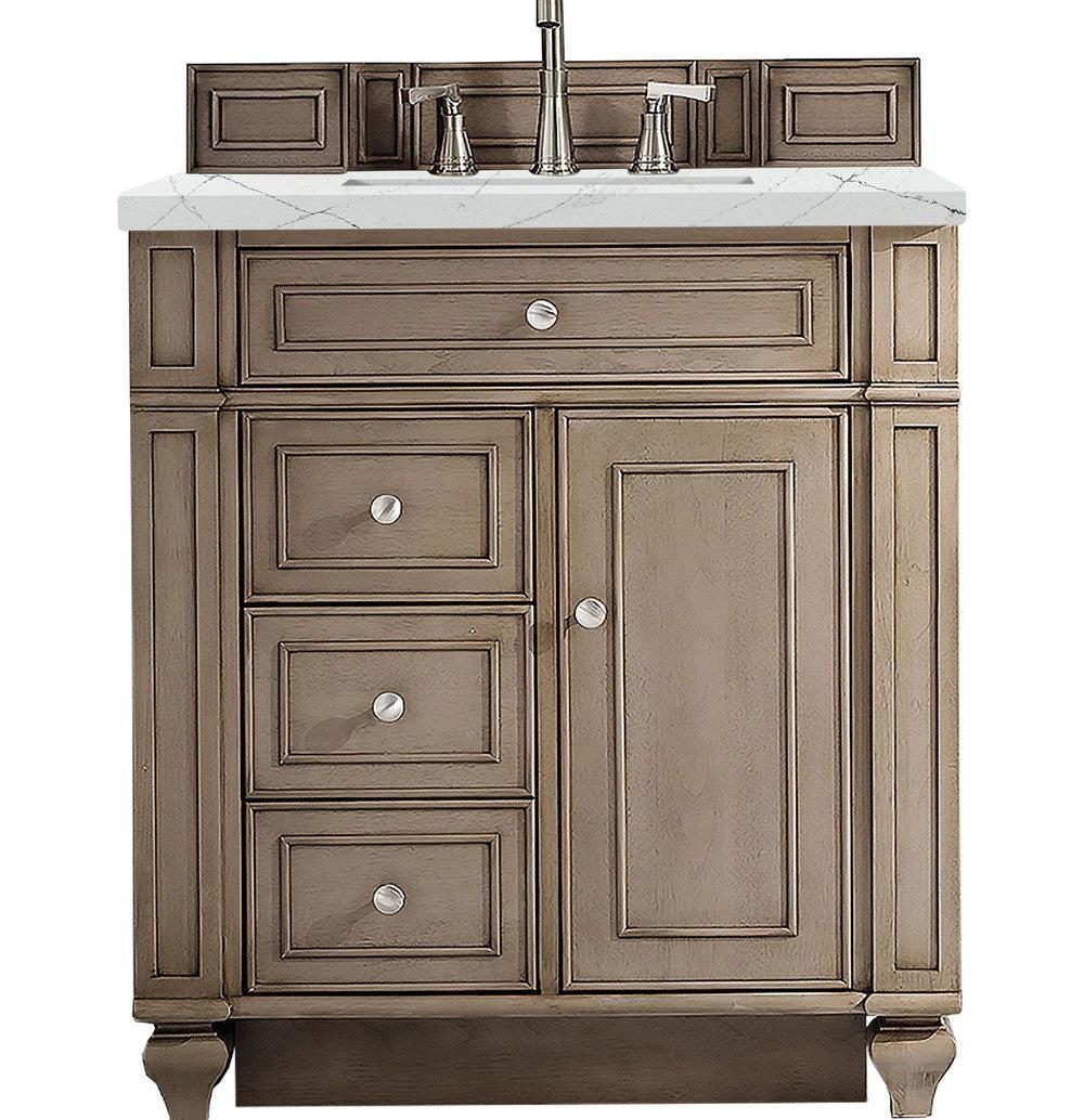 James Martin Vanities Bristol Collection 30 in. Single Vanity in Whitewashed Walnut with Countertop Options Ethereal Noctis Quartz