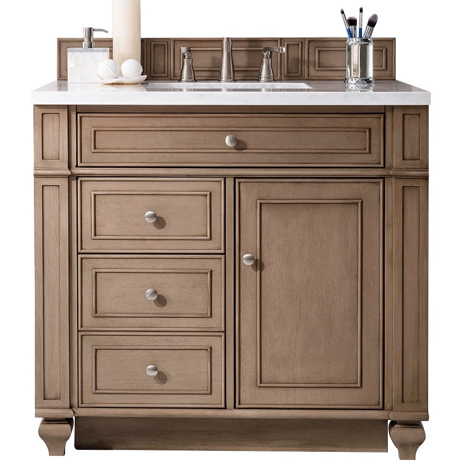 James Martin Vanities Bristol Collection 36 in. Single Vanity in Whitewashed Walnut with Countertop Options Classic White Quartz