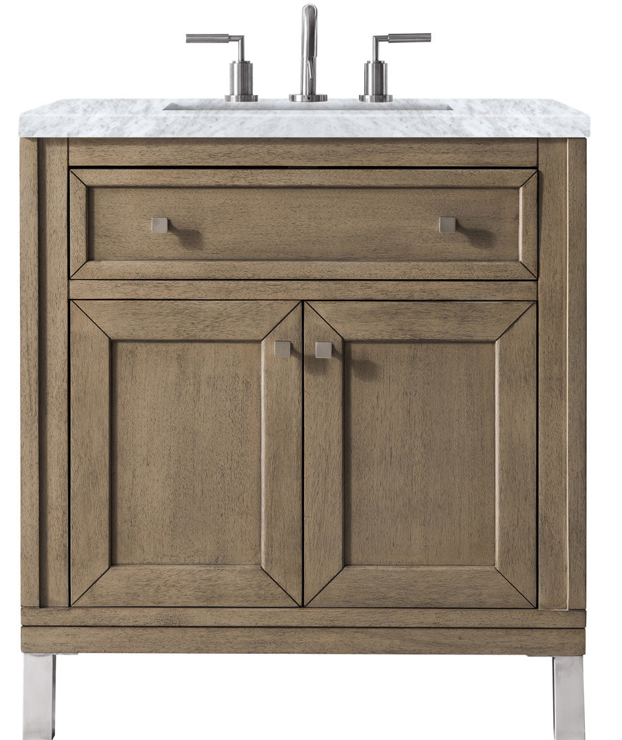 James Martin Vanities Chicago Collection 30 in. Single Vanity in Whitewashed Walnut with Countertop Options Carrara Marble