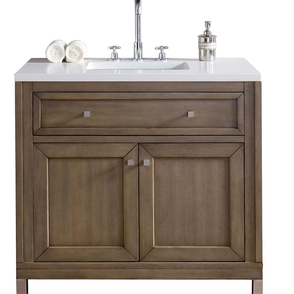 James Martin Vanities Chicago Collection 36 in. Single Vanity in Whitewashed Walnut with Countertop Options Classic White Quartz