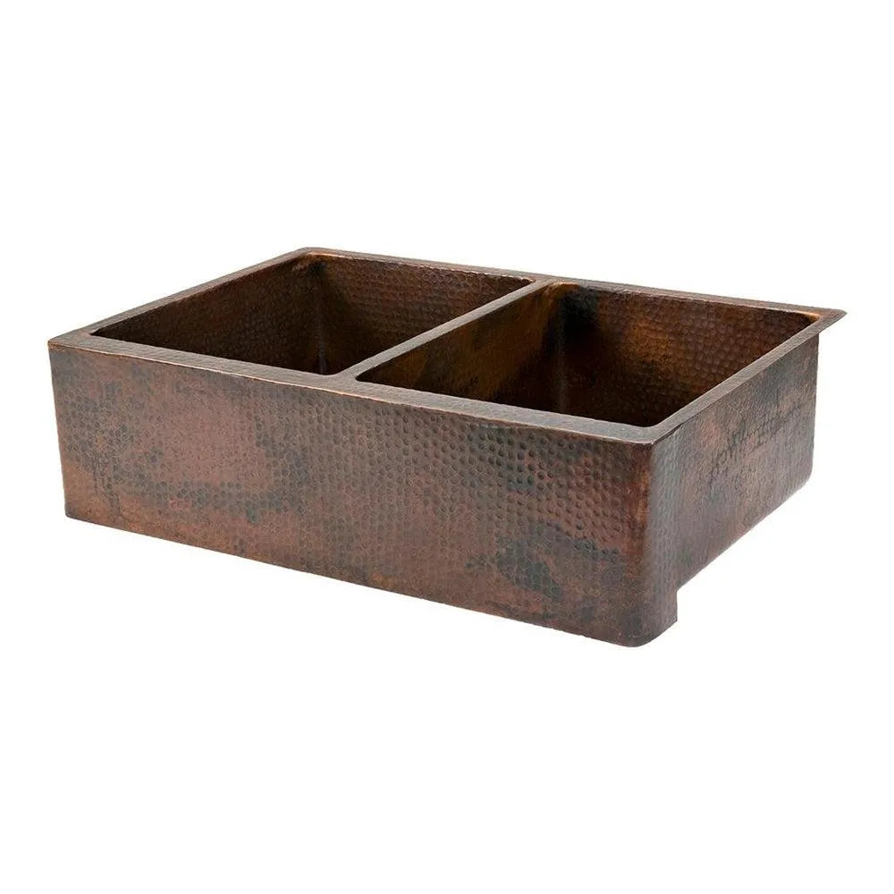Premier Copper 33 in. Apron Front 50/50 Double Basin Kitchen Sink in Hammered Copper (KA50DB33229) main image.