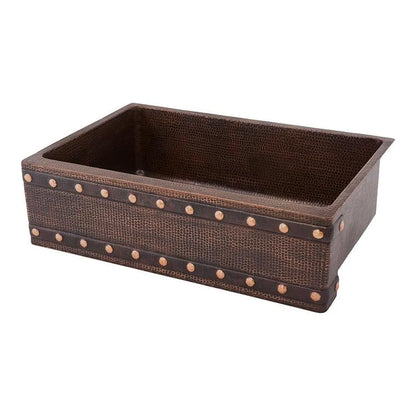 Premier Copper Hammered Copper Apron Front Single Basin Kitchen Sink w/ Barrel Strap Design main image.