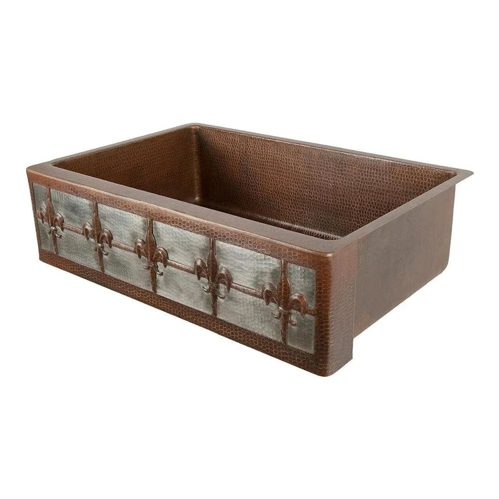 Premier Copper 33 in. Apron Front Single Basin Kitchen Sink w/ Fleur De Lis Design and Nickel Background in Hammered Copper (KASDB33229F-NB) main image.