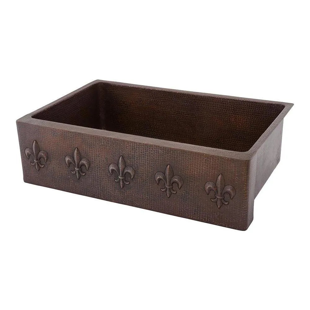 Premier Copper 33 in. Apron Front Single Basin Kitchen Sink w/ Fleur De Lis Design in Hammered Copper (KASDB33229F) main image.