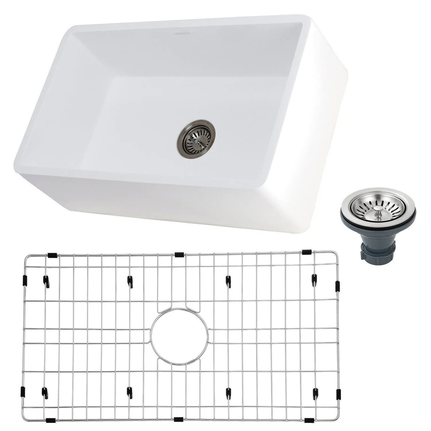 White kitchen sink with drain and grid on a white background