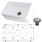White kitchen sink with grid and drain on a white background