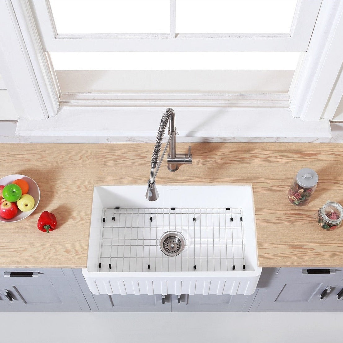 Kingston Brass 30 in. Farmhouse Kitchen Sink with Strainer and Grid, Matte White (KGKFA301810CD) Matte White/Brushed