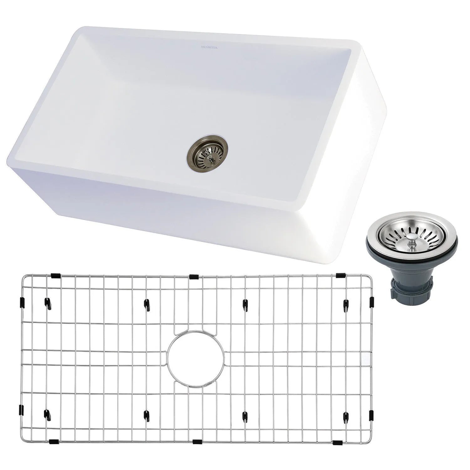 White kitchen sink with drainboard and strainer on a white background