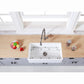 Farmhouse kitchen with a Kingston Brass 33 in. Farmhouse Apron Front Kitchen Sink with Strainer and Grid in Matte White (KGKFA331810BC) and wooden countertop.