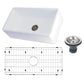 Kingston Brass 33 in. Solid Surface White Stone Apron-Front Single Bowl Farmhouse Kitchen Sink with Strainer and Grid in Matte White (KGKFA331810RM) on a white background