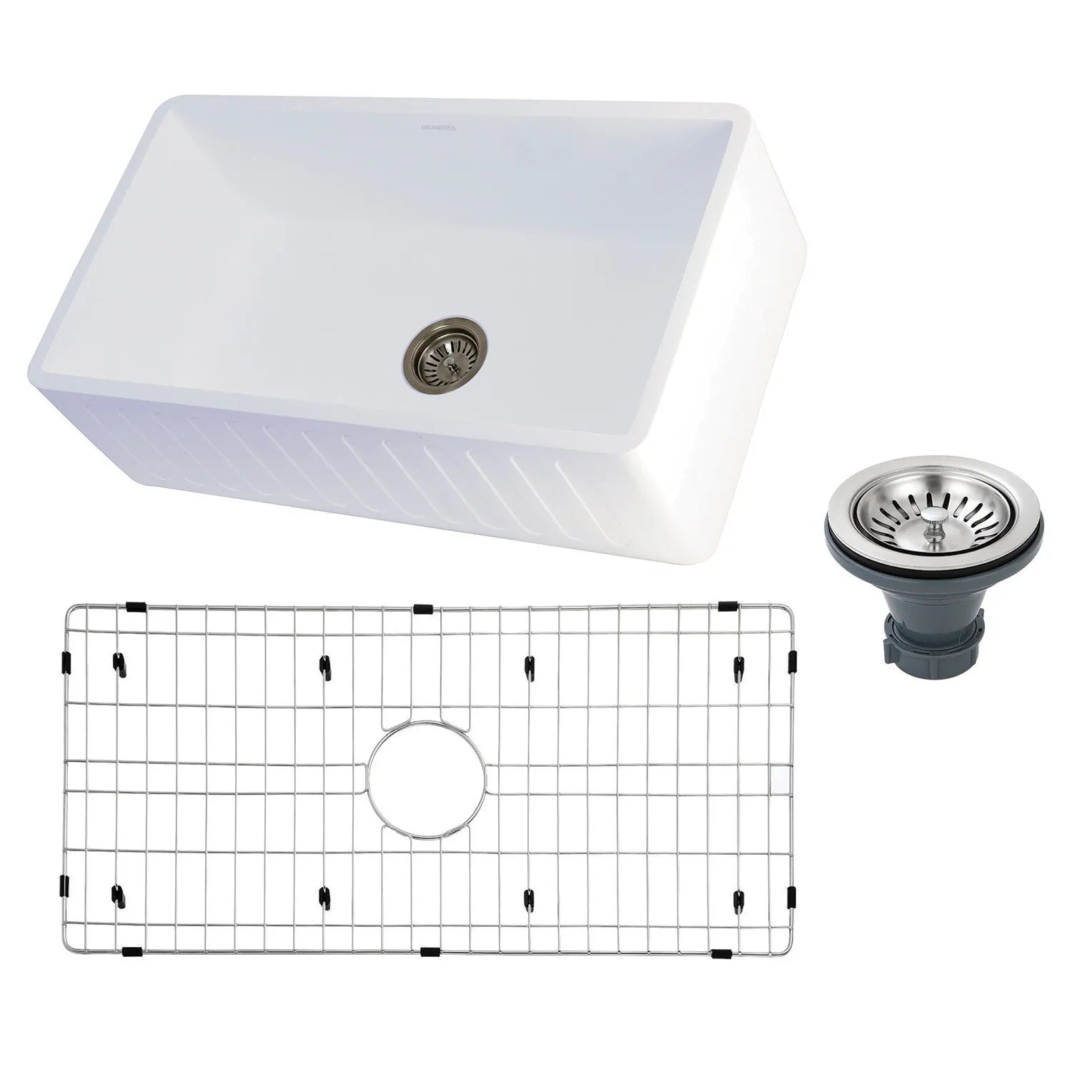 Kingston Brass 33 in. Solid Surface White Stone Apron-Front Single Bowl Farmhouse Kitchen Sink with Strainer and Grid in Matte White (KGKFA331810RM) on a white background