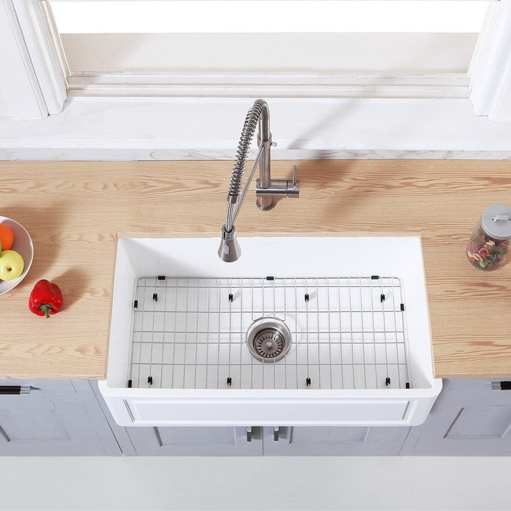 Kingston Brass 36 in. Farmhouse Kitchen Sink with Strainer and Grid, Matte White (KGKFA361810LD) 