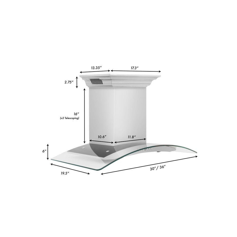 ZLINE Ducted Vent Wall Mount Range Hood in Stainless Steel with Built-in ZLINE CrownSound Bluetooth Speakers (KN4CRN-BT) dimensional diagram and measurements.