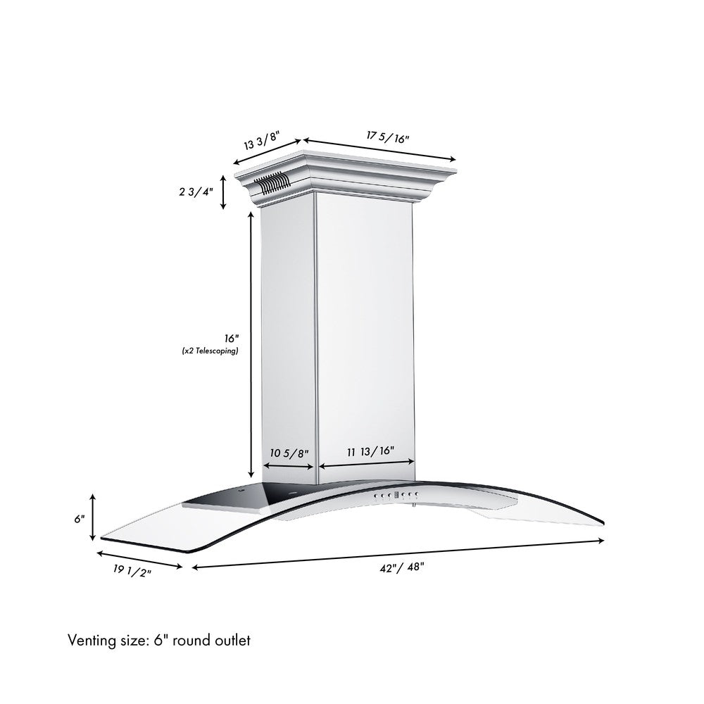 ZLINE Ducted Vent Wall Mount Range Hood in Stainless Steel with Built-in ZLINE CrownSound Bluetooth Speakers (KN4CRN-BT) dimensional diagram and measurements.