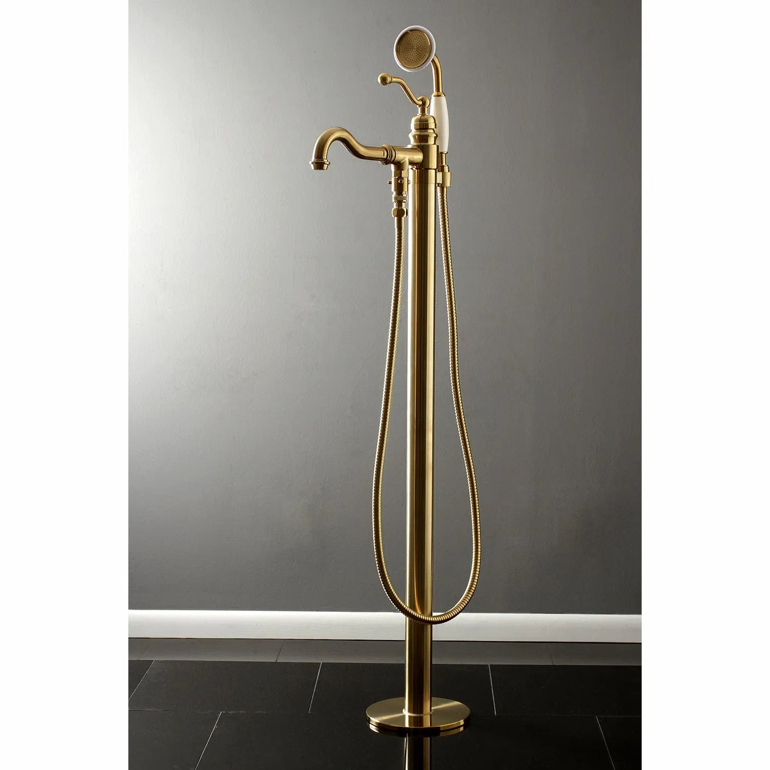 Kingston Brass English Country Freestanding Tub Faucet with Hand Shower (KS7137ABL) Brushed Brass