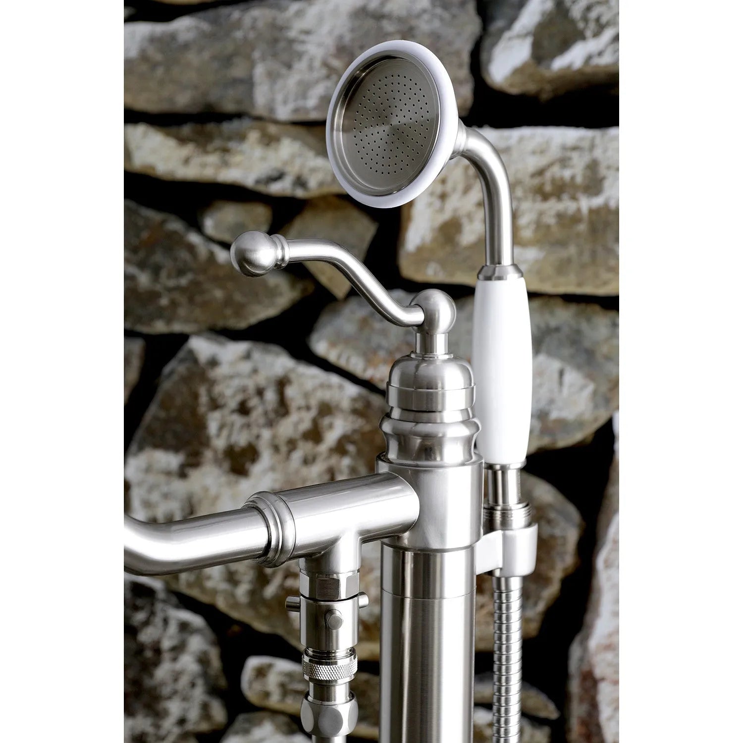 Kingston Brass English Country Freestanding Tub Faucet with Hand Shower (KS7138ABL) Brushed Nickel