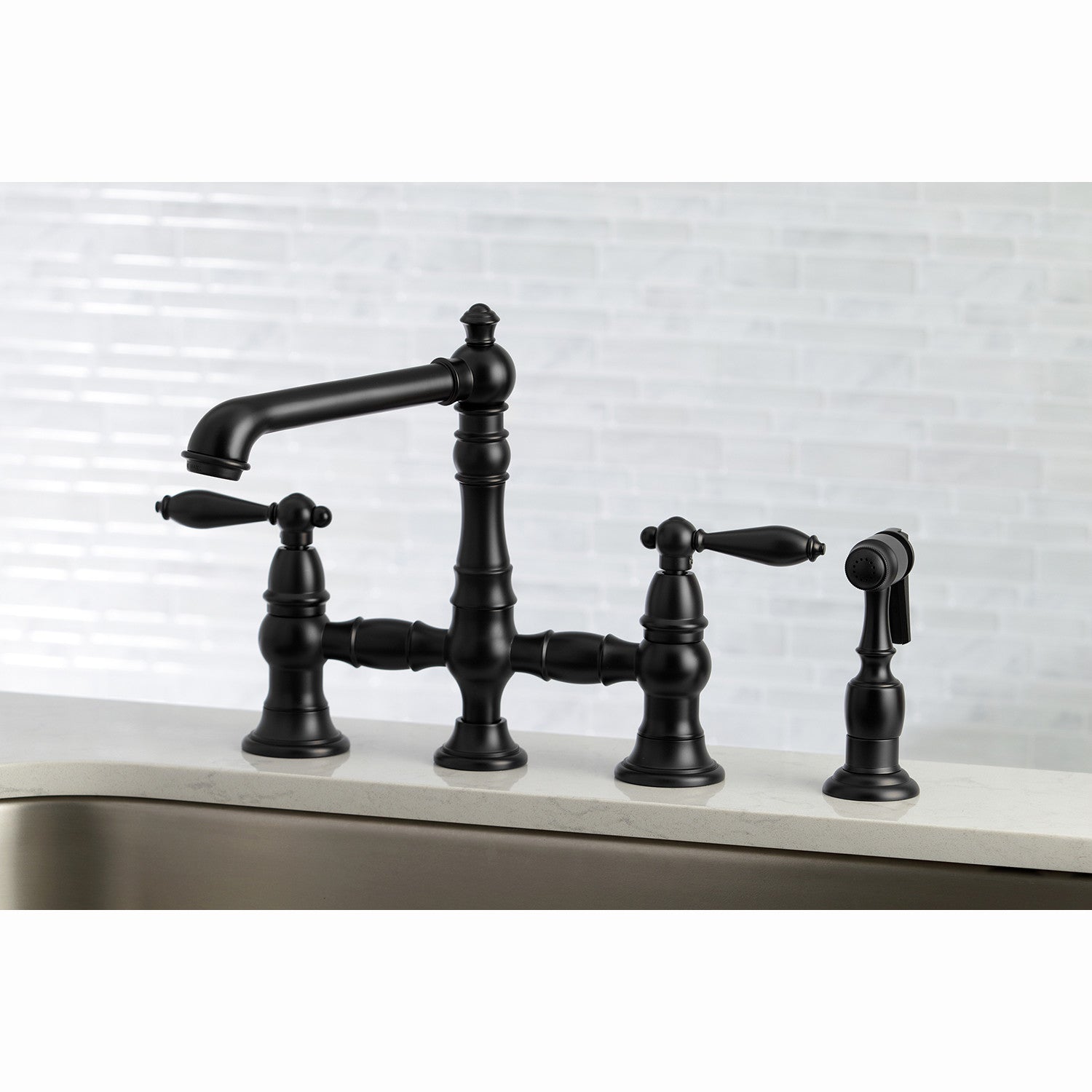 Kingston Brass English Country 8-Inch Bridge Kitchen Faucet with Sprayer (KS7270PLBS) Matte Black
