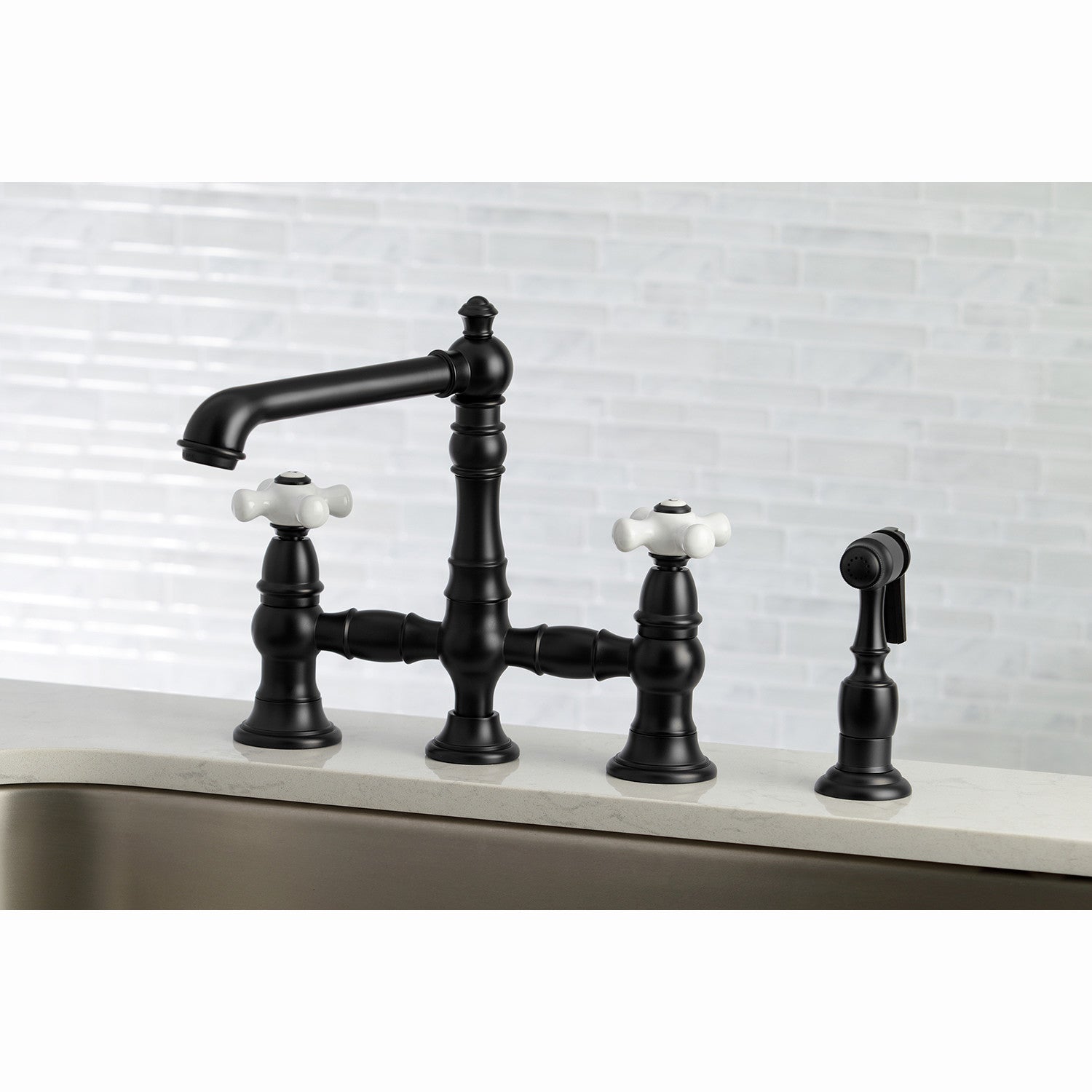 Kingston Brass English Country 8" Bridge Kitchen Faucet with Sprayer (KS7270PXBS) Matte Black