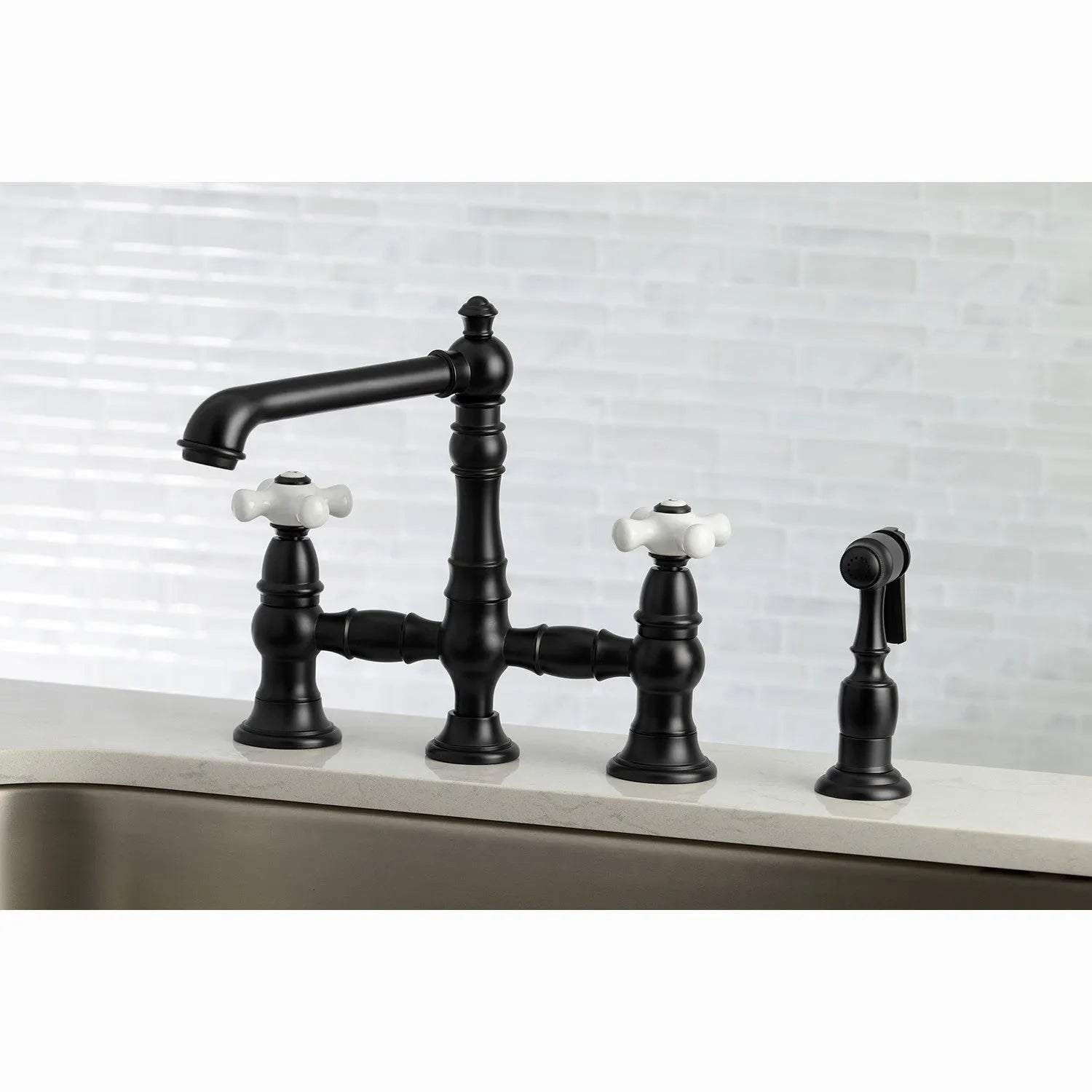 Kingston Brass English Country 8" Bridge Kitchen Faucet with Sprayer (KS7270PXBS) Matte Black