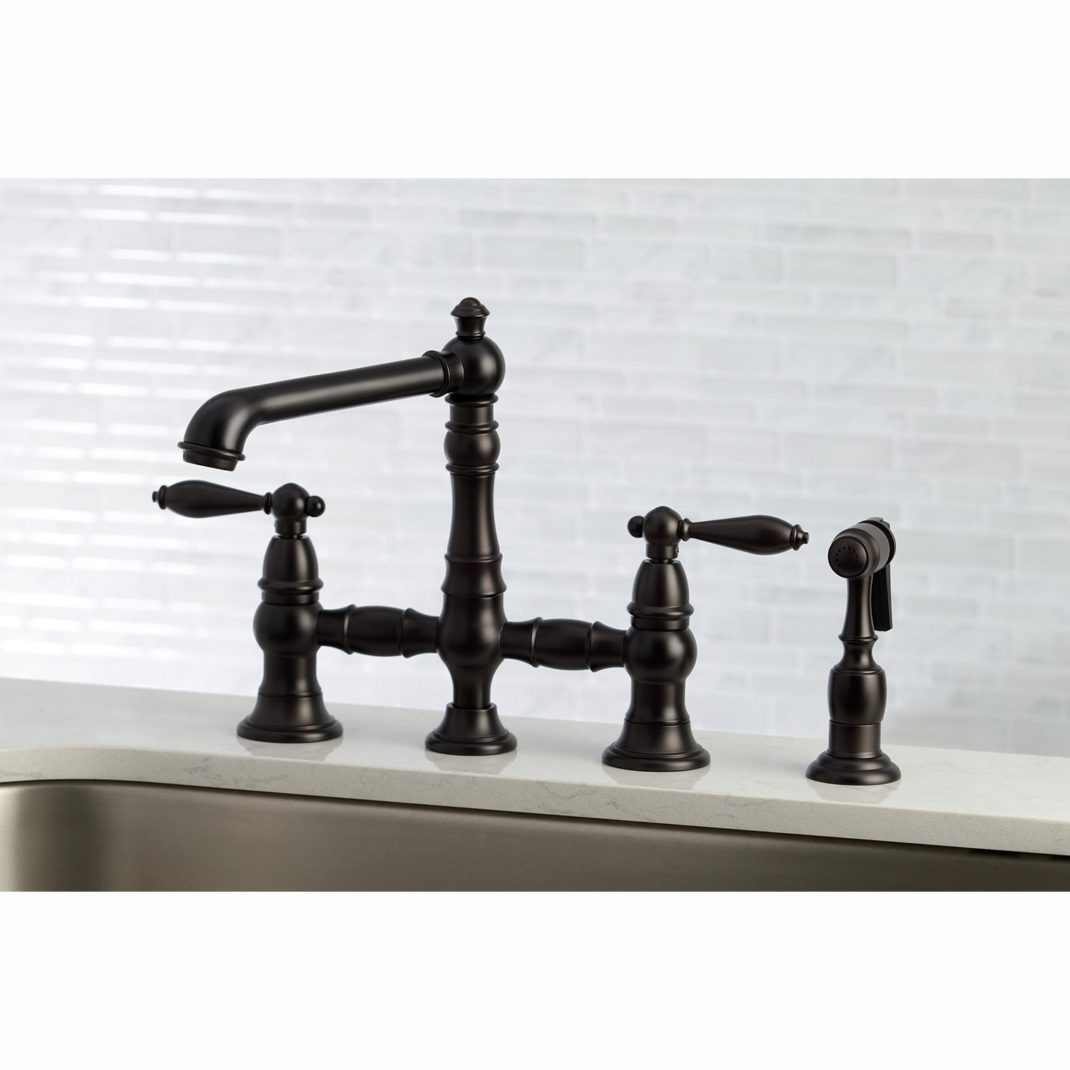 Kingston Brass Deck Mount Bridge Kitchen Faucet with Side Sprayer