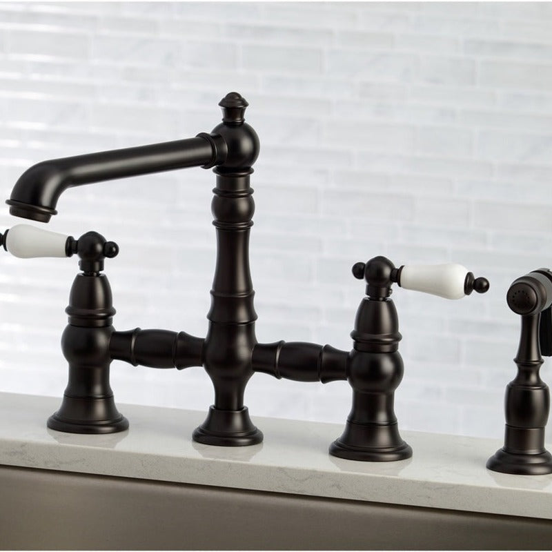 Kingston Brass English Country 8 in. Bridge Kitchen Faucet with Sprayer (KS727-PLBS) 