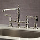 Kingston Brass English Country Kitchen Faucet with Side Sprayer (KS7276ALBS) Polished Nickel on a sink with a neutral background