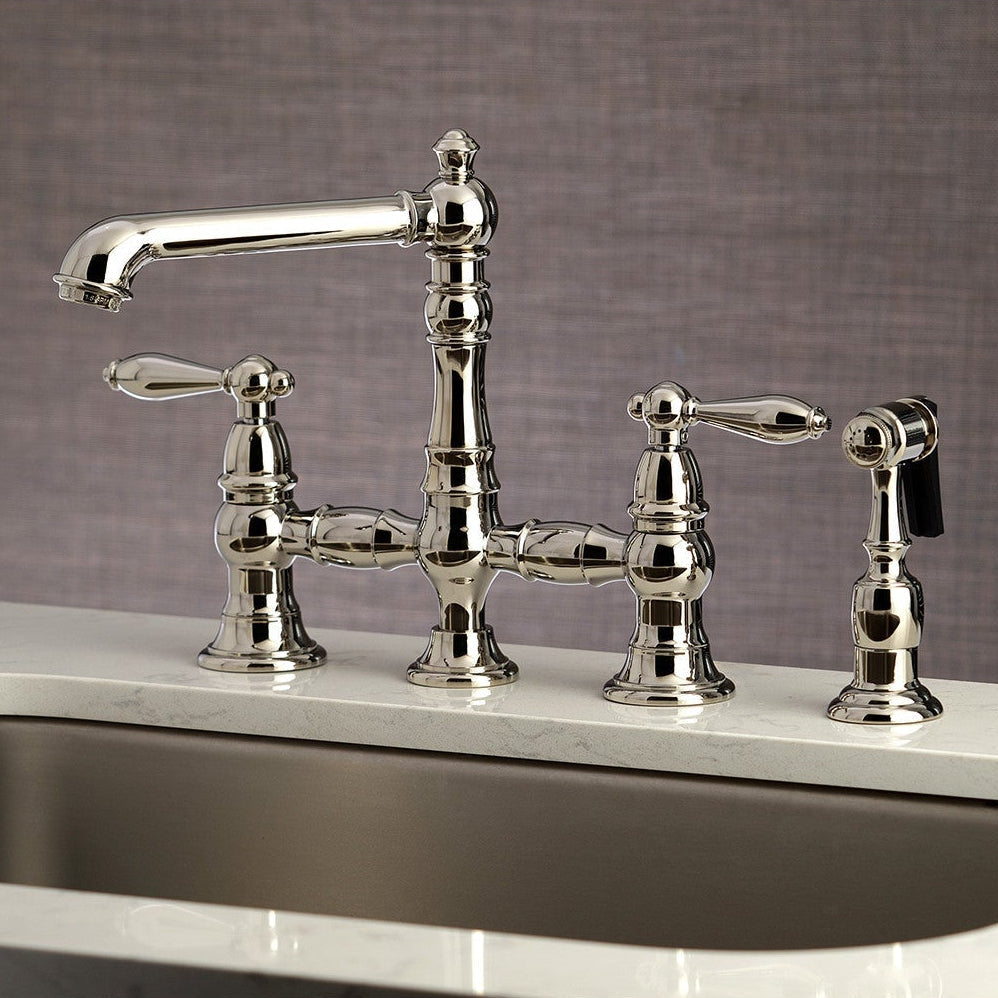 Kingston Brass English Country Kitchen Faucet with Side Sprayer (KS7276ALBS) Polished Nickel on a sink with a neutral background