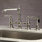 Kingston Brass English Country Kitchen Faucet with Side Sprayer (KS7276ALBS) Polished Nickel on a sink with a neutral background