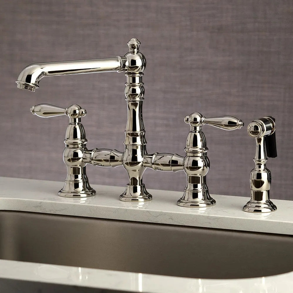 Kingston Brass English Country Kitchen Faucet with Side Sprayer (KS7276ALBS) Polished Nickel on a sink with a neutral background