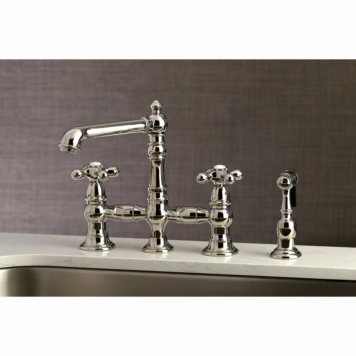 Kingston Brass English Country 8" Bridge Kitchen Faucet with Sprayer (KS7276AXBS) Polished Nickel