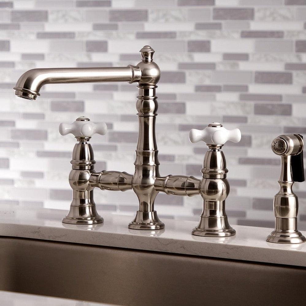 Kingston Brass English Country 8" Bridge Kitchen Faucet with Sprayer (KS7278PXBS) Brushed Nickel