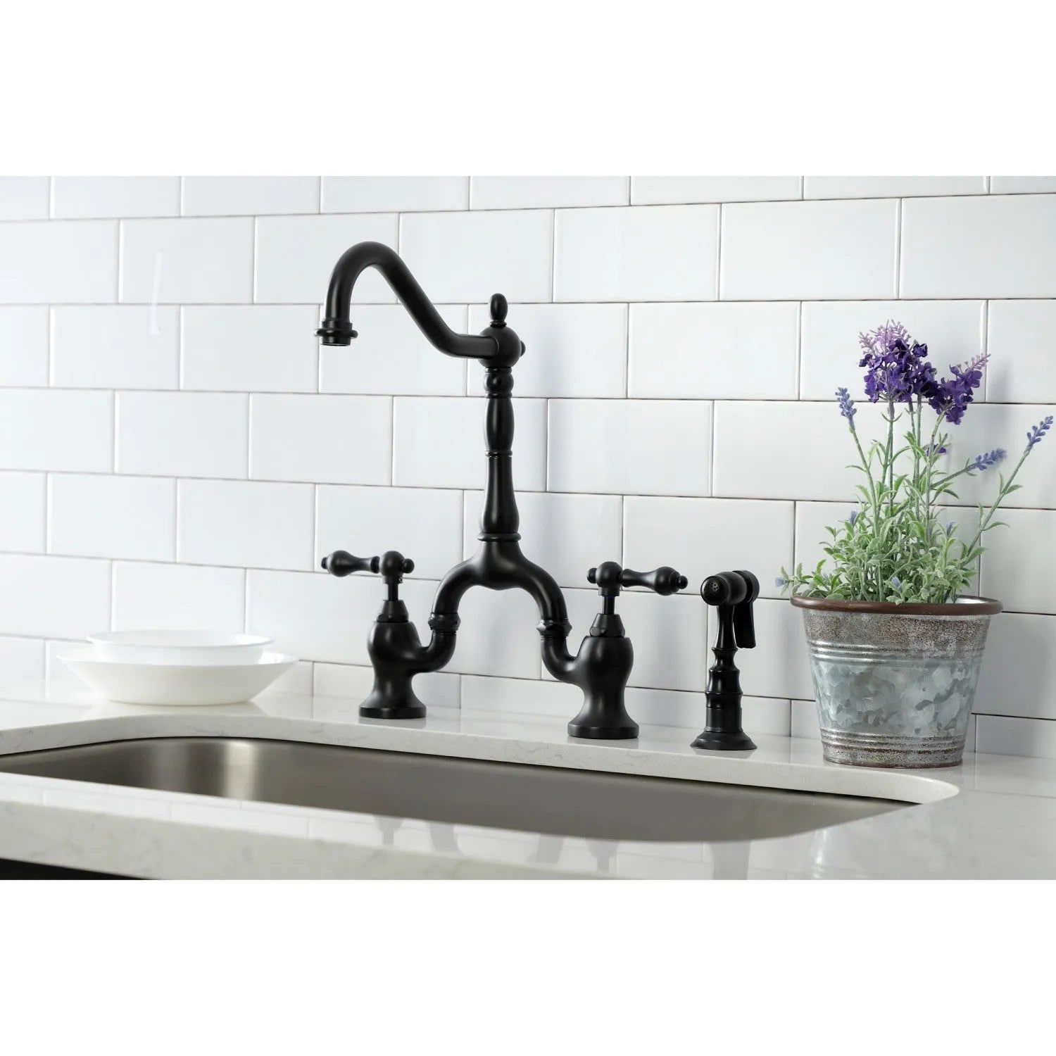 Kingston Brass English Country Kitchen Bridge Faucet with Brass Sprayer (KS7750ALBS) Matte Black