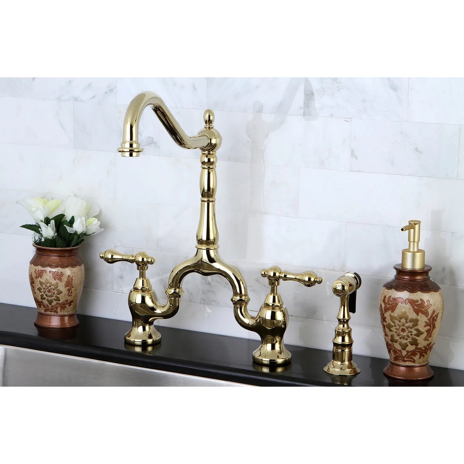Kingston Brass English Country Kitchen Bridge Faucet with Brass Sprayer (KS7752ALBS) Polished Brass