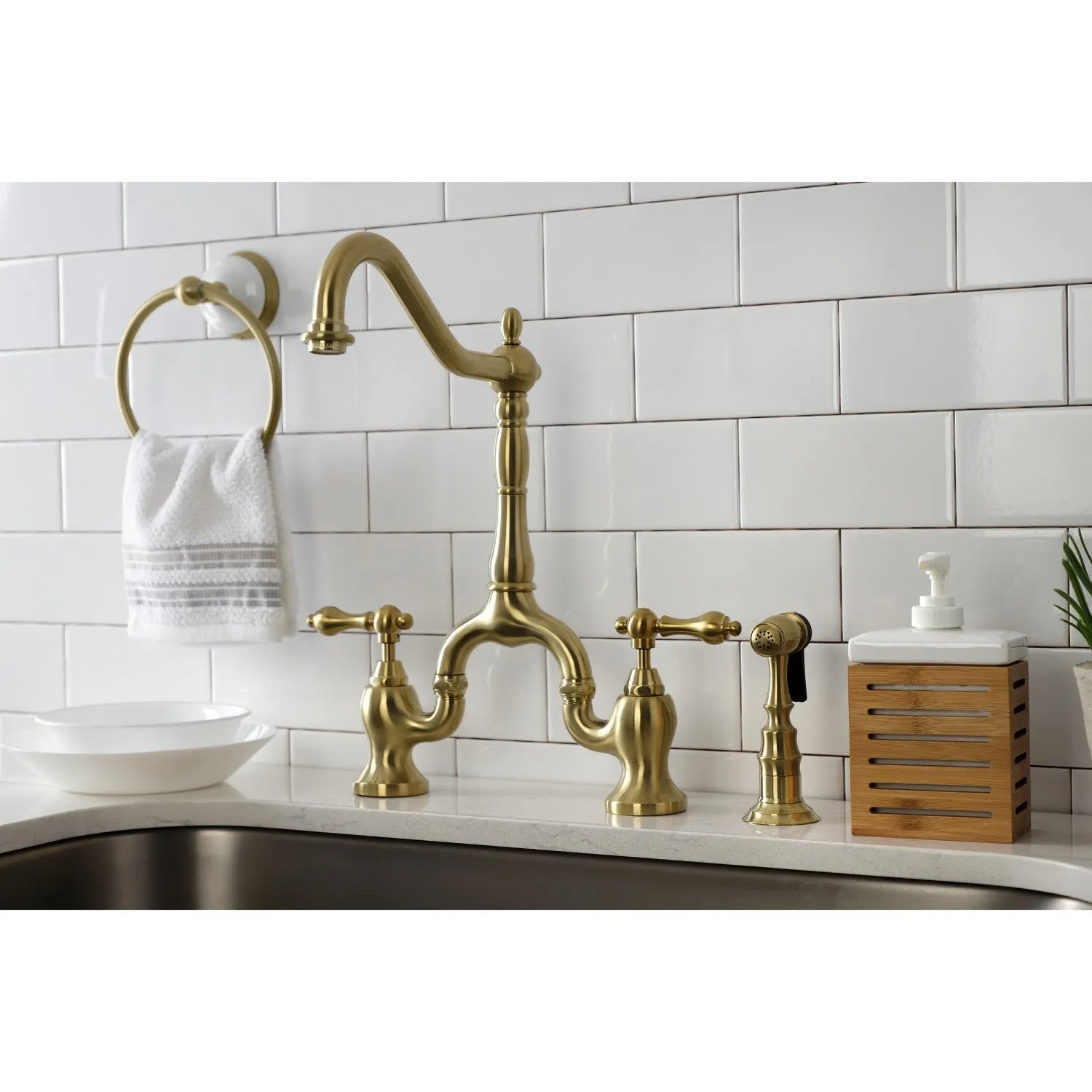 Kingston Brass English Country Kitchen Bridge Faucet with Brass Sprayer (KS7757ALBS) Brushed Brass