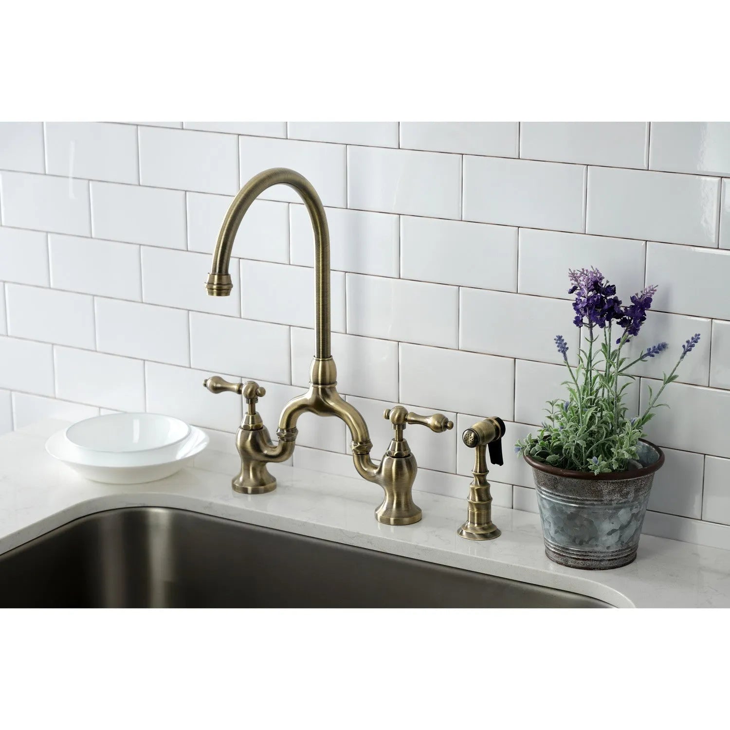 Kingston Brass English Country Kitchen Bridge Faucet with Brass Sprayer (KS7793ALBS) Antique Brass